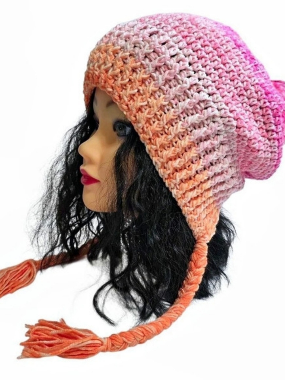 Handmafe Crochet Earflap Hat Pink & Orange New-One Size